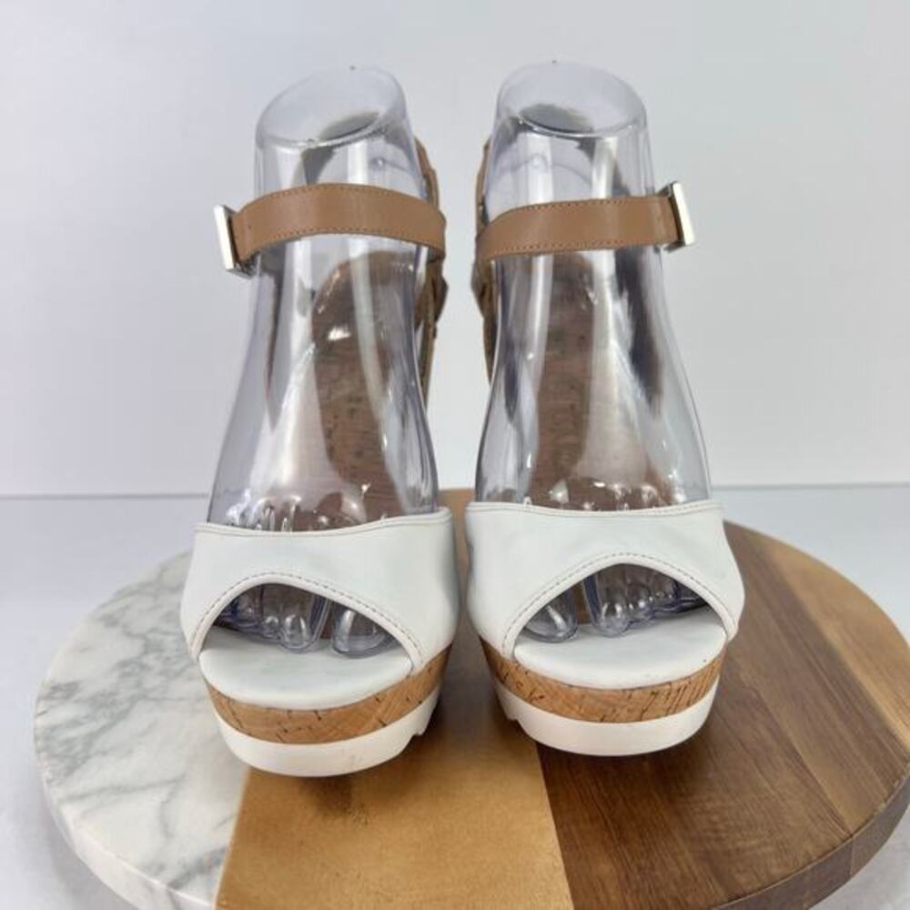 SAM EDELMAN Karina Sandal Slingback Cork Wedge White Leather Heel 7.5 - Picture 4 of 12